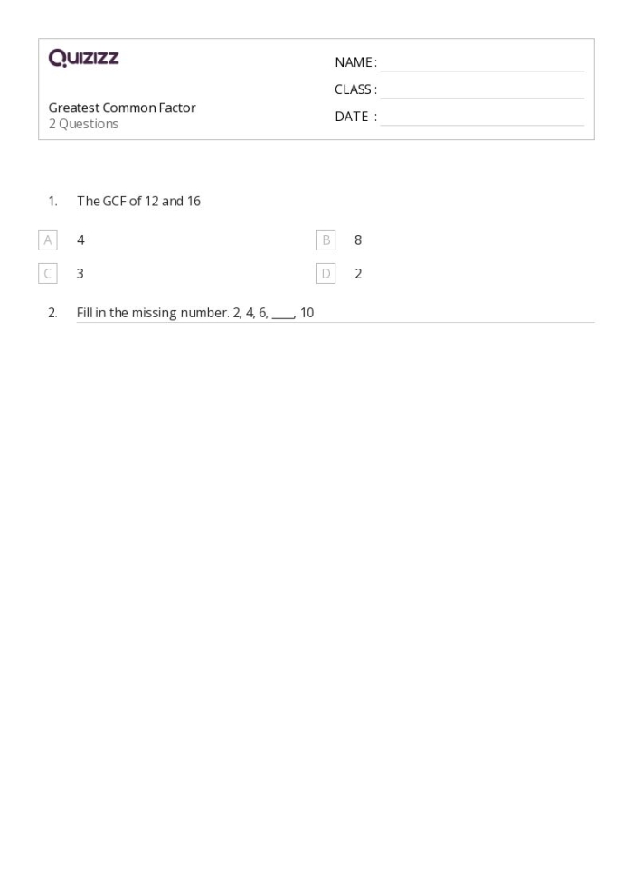 Worksheet for identifying the greatest common factor in an engaging fourth grade activity Fourth grade students practicing finding the greatest common factor on a math worksheet