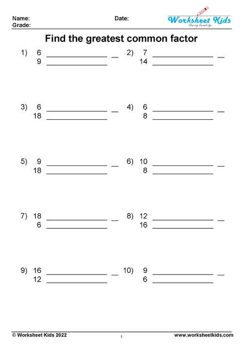 Greatest Common Factor Part 1 exercise for fourth graders on identifying common factors Fourth grade math worksheet focused on finding the greatest common factor of two numbers