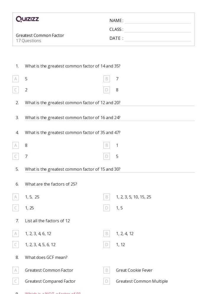 Greatest Common Factor Part 1 practice sheet for fourth graders with engaging exercises Fourth grade math worksheet focused on finding the greatest common factor of two numbers