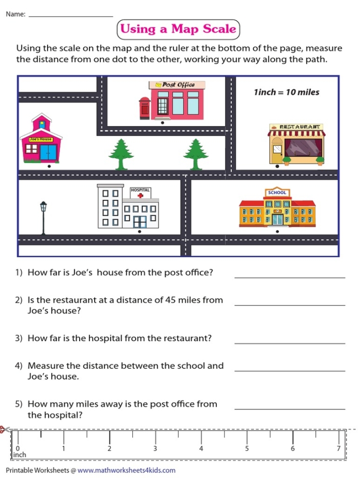 Worksheet on understanding map scales for fourth grade students Fourth grade map scales worksheet to practice geography skills