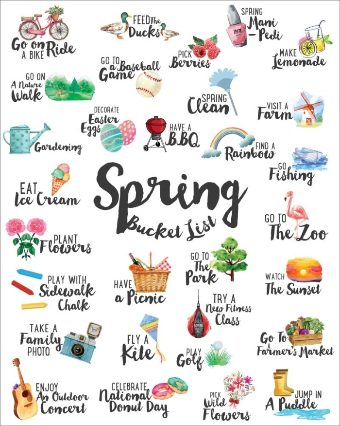 First Grade Geometry Spring Bucket List worksheet with colorful outdoor activity ideas