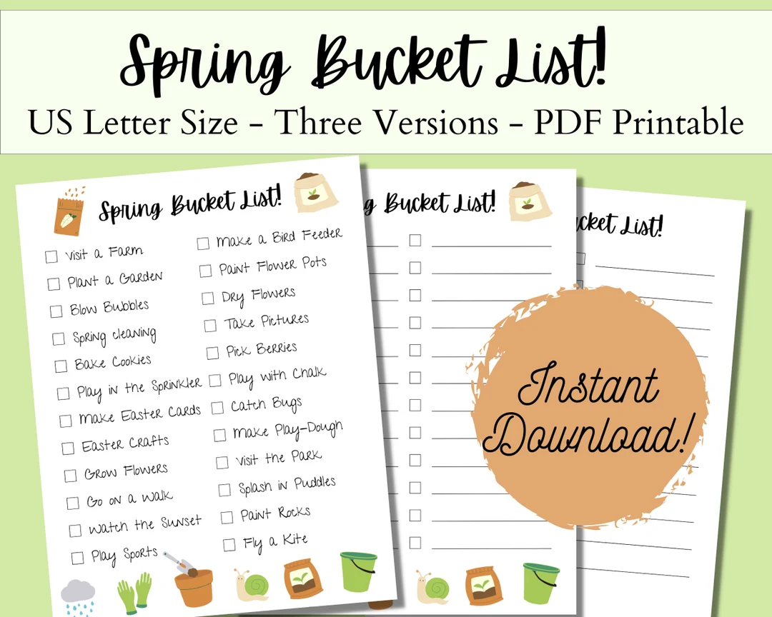 First Grade Geometry Spring Bucket List worksheet with colorful illustrations for outdoor activities