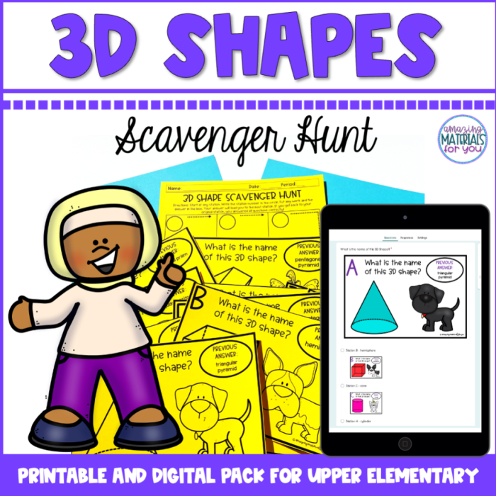 Second grade students completing a 3D shape scavenger hunt activity worksheet focused on fractions and geometry