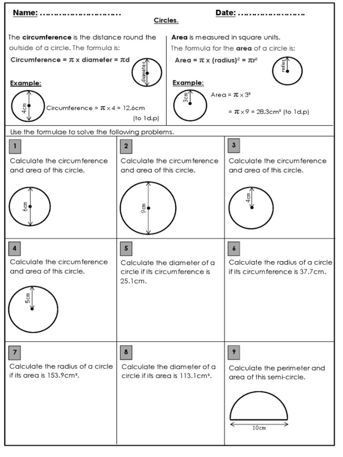 Geometry pizza circle worksheet for calculating radius, diameter, circumference, and area, image 19 Circumference and area of a circle worksheet featuring a pizza design for geometry practice