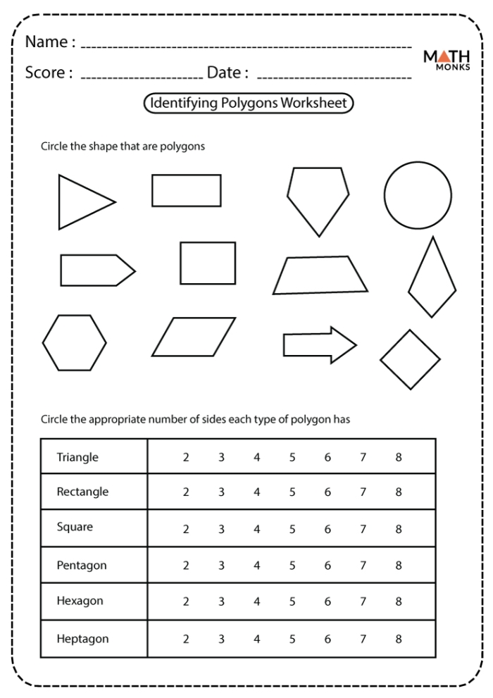 Worksheet featuring various polygons for geometry practice