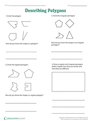 Worksheet featuring a geometry puzzle for identifying and describing polygons like pentagons