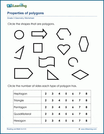 Worksheet featuring a geometry word puzzle focused on identifying and describing polygons like pentagons