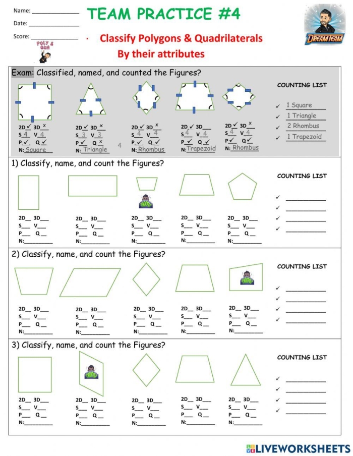 Worksheet featuring a geometry puzzle for identifying and describing various polygons
