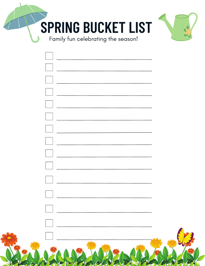 First Grade Geometry Spring Bucket List worksheet filled with colorful spring activities