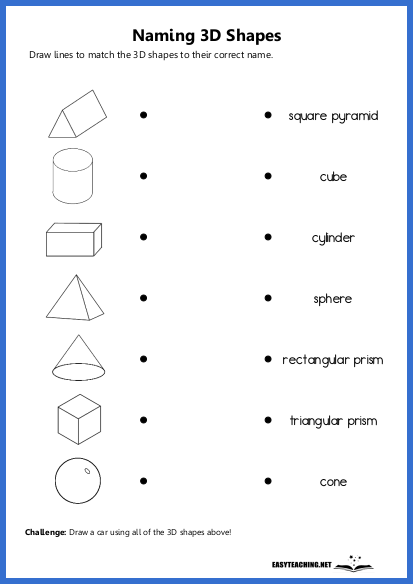 Kindergarteners matching and coloring various 3D shapes on a worksheet for geometry practice