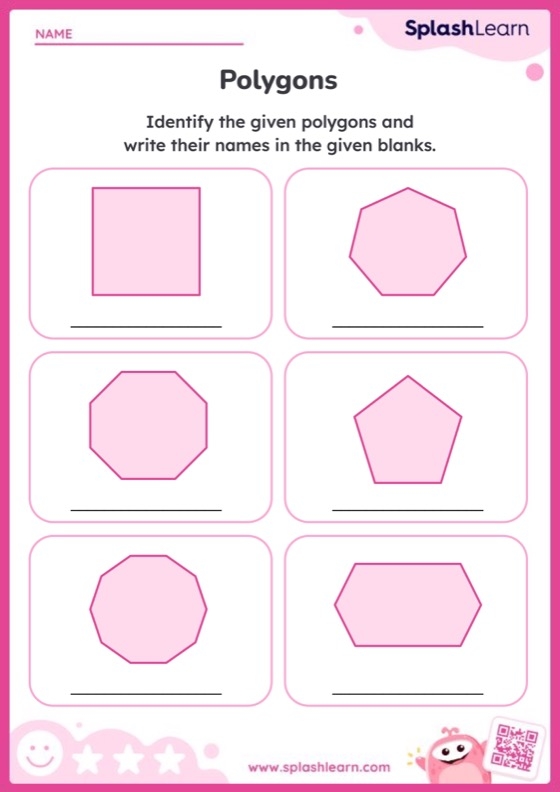 Worksheet featuring a geometry word puzzle focused on identifying and describing polygons like pentagons