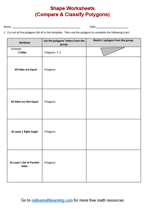 Worksheet featuring a geometry word puzzle for identifying and describing polygons like pentagons