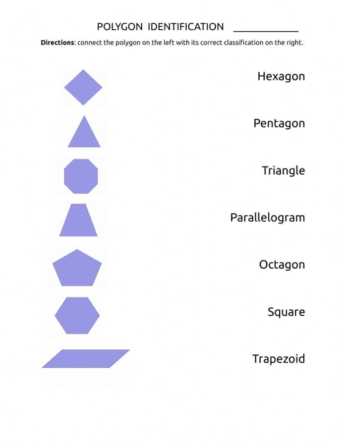 Worksheet featuring a geometry word puzzle for identifying and describing polygons like pentagons