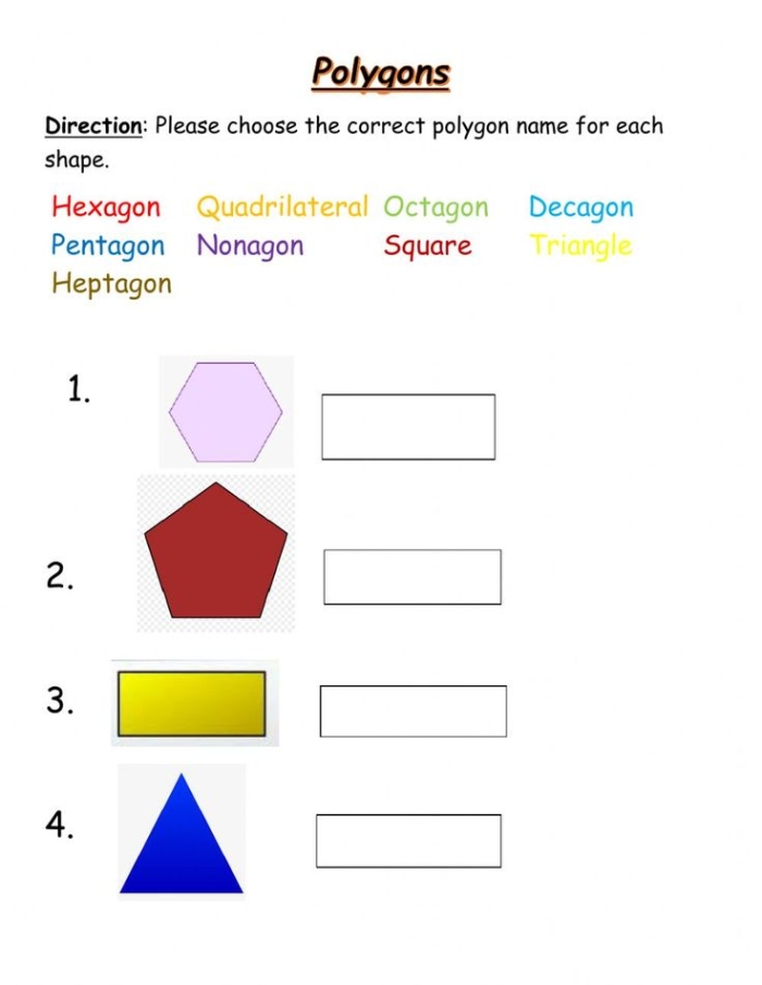 Worksheet featuring a geometry puzzle for identifying and describing polygons like pentagons