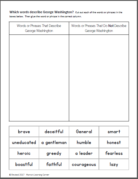 Third grade worksheet featuring facts about George Washington and his achievements