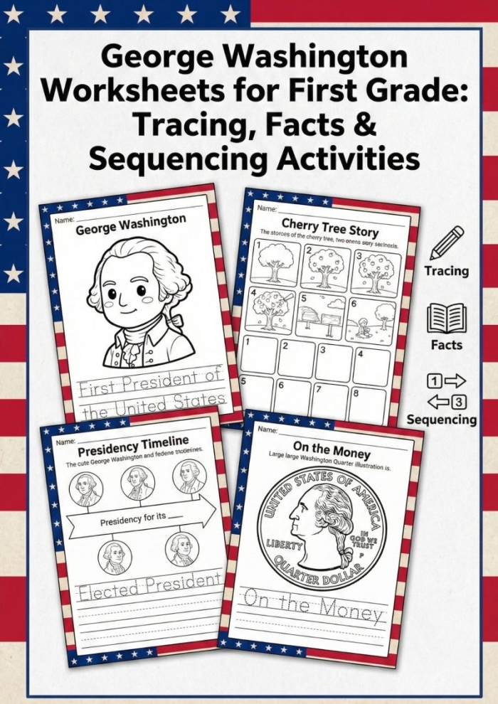 Third grade worksheet featuring facts about George Washington and his achievements