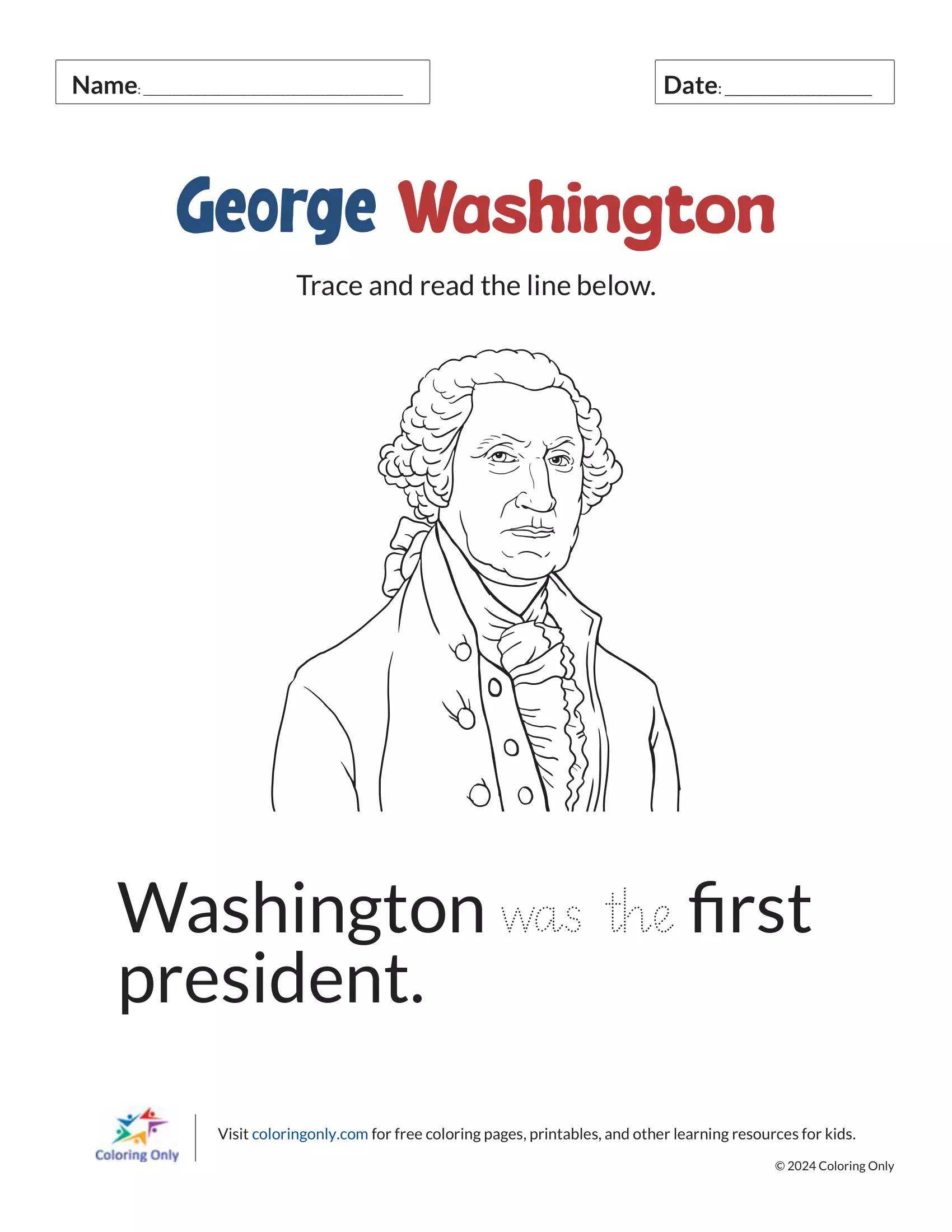 Third grade worksheet featuring George Washington and his many firsts in history