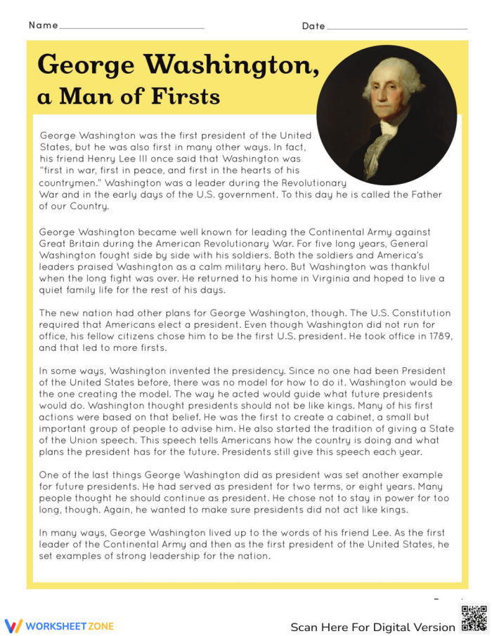 George Washington worksheet for third grade students to practice nonfiction reading and connections