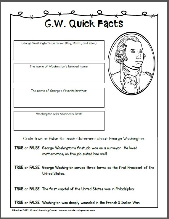 Third-grade worksheet featuring a reading passage and questions about George Washington