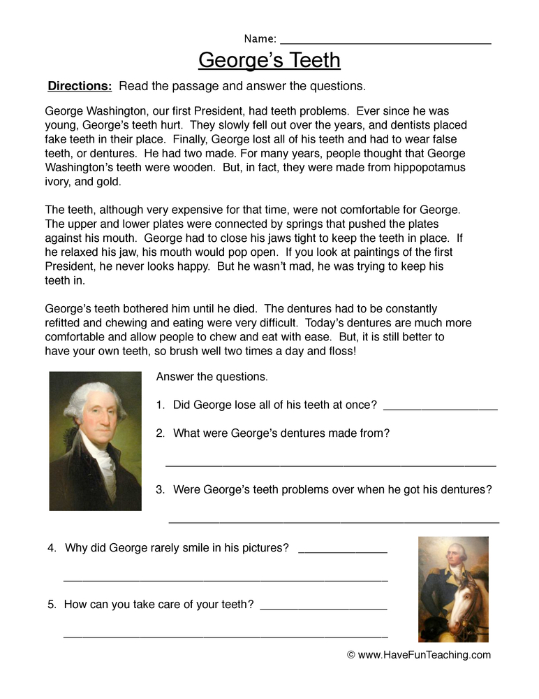 Third grade worksheet featuring a reading passage and questions about George Washington's achievements