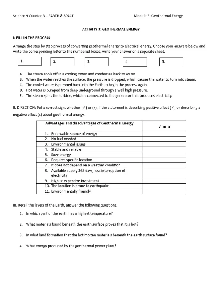 Third grade worksheet explaining geothermal energy with Earth layers illustration