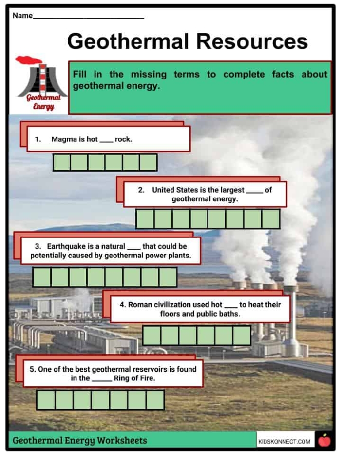 Third grade worksheet on geothermal energy explaining Earth's heat as renewable power