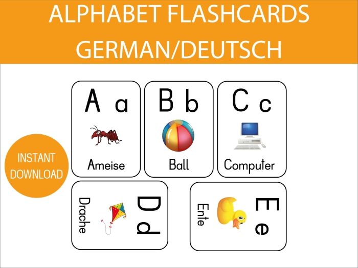 First grade child practicing the German alphabet on a colorful worksheet