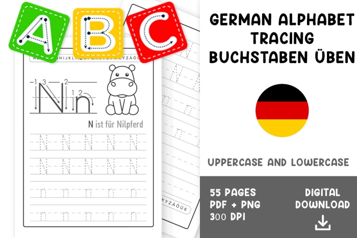 First Grade child practicing the German alphabet with a colorful worksheet