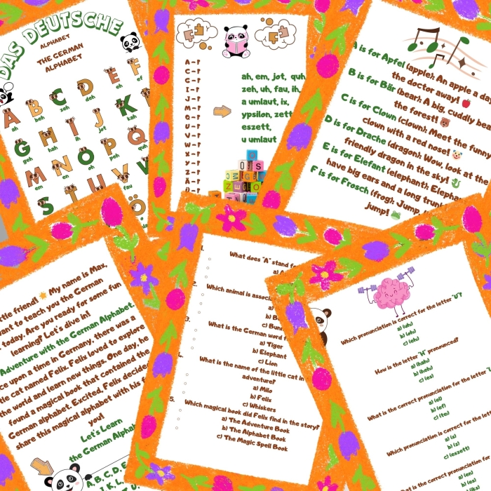 First Grade child practicing the German alphabet on a colorful worksheet