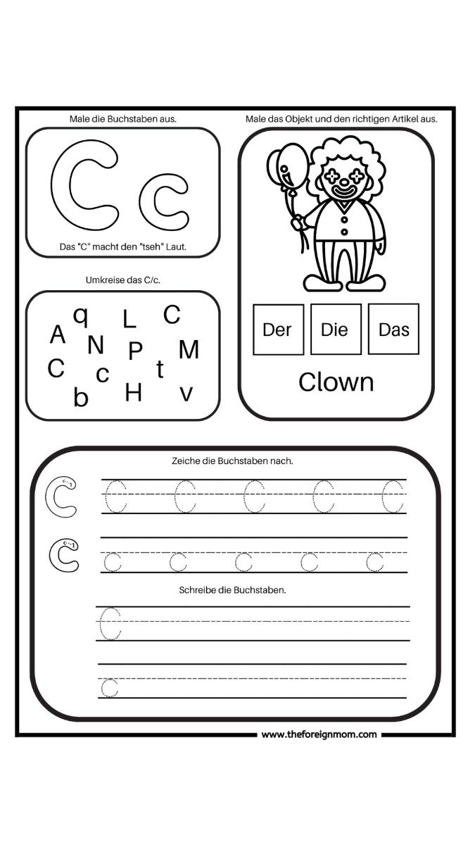 First Grade child practicing the German alphabet with a colorful worksheet