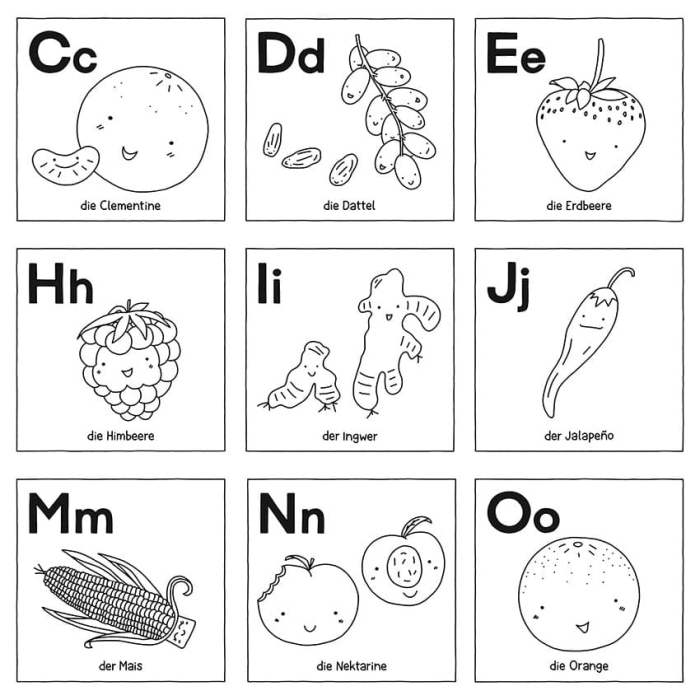 First Grade child practicing the German alphabet on a colorful worksheet