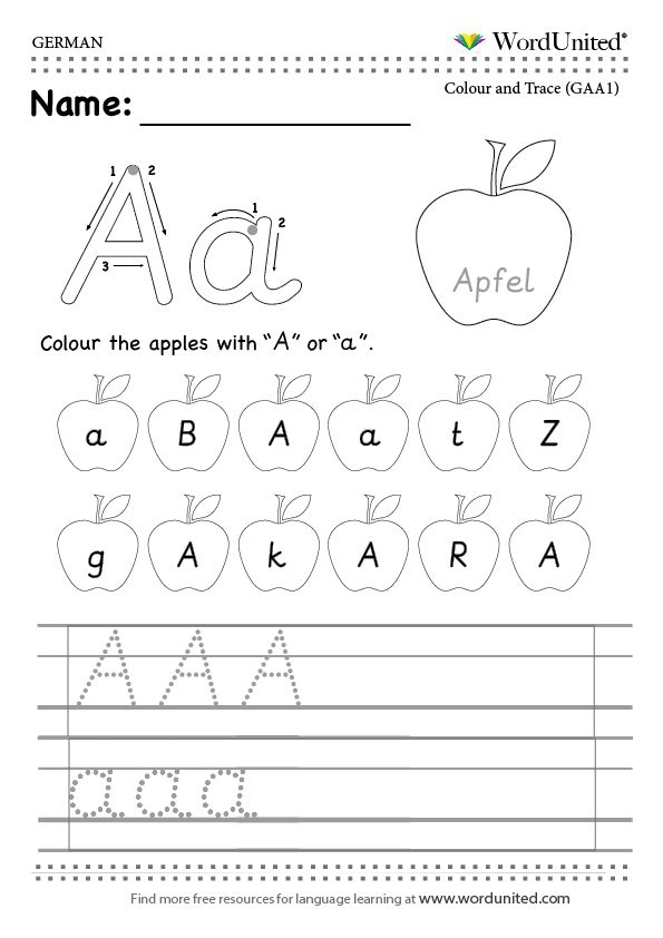 First Grade child practicing the German alphabet on a colorful worksheet