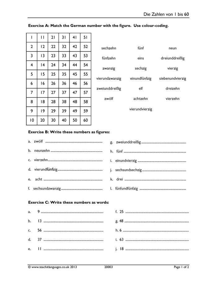 First Grade German Numbers worksheet focusing on basic fractions and counting