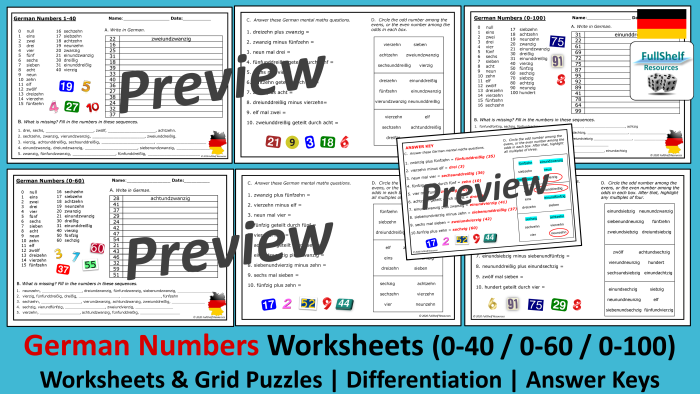 First Grade German Numbers worksheet focusing on basic fractions and counting