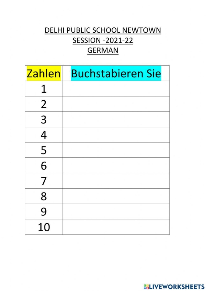 First Grade German Numbers worksheet focusing on basic fractions
