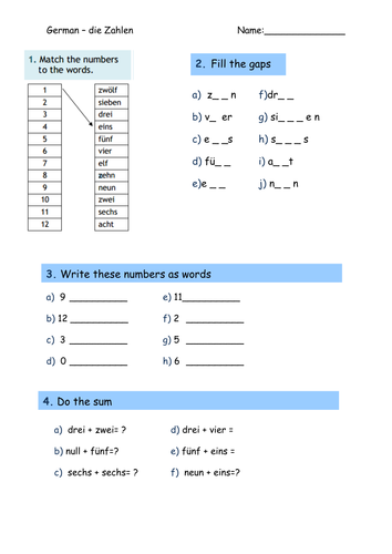 First Grade German Numbers worksheet focused on basic fractions for young learners