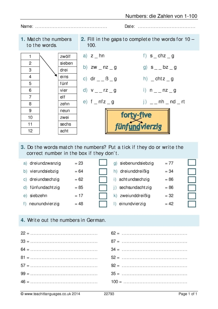 First Grade German Numbers worksheet focused on basic fractions for beginners