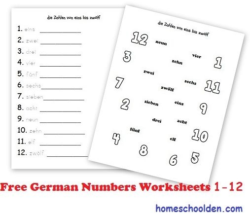 First Grade German Numbers worksheet focused on fractions for beginners