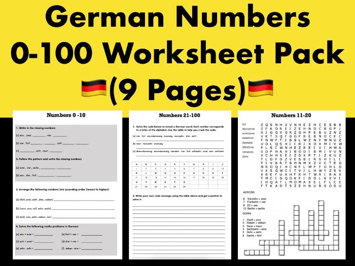 First Grade German Numbers worksheet focusing on basic fractions and counting