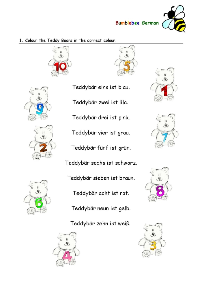 First Grade German Numbers worksheet focused on basic fractions and counting skills