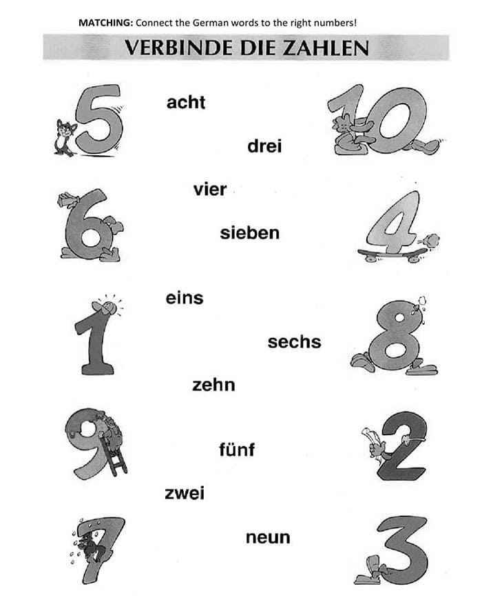 First Grade German Numbers worksheet focusing on fractions for beginner learners
