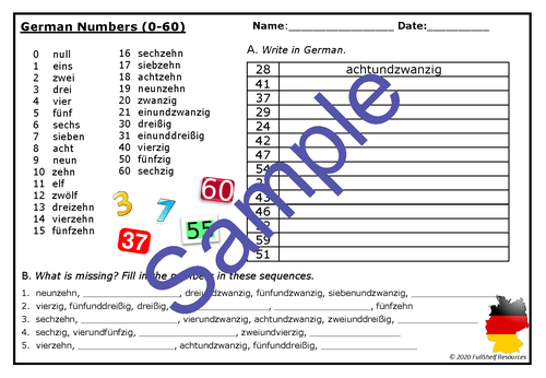 First Grade German Numbers worksheet focusing on basic fractions