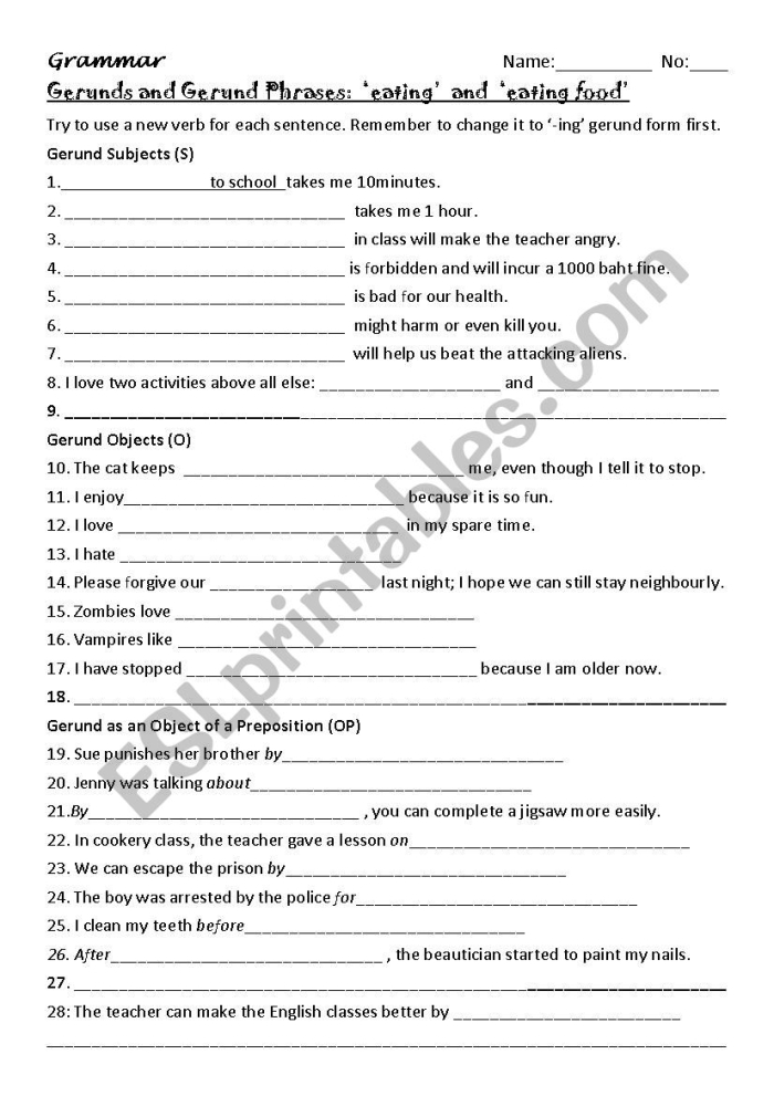 Worksheet for identifying gerunds and gerund phrases designed for seventh and eighth graders