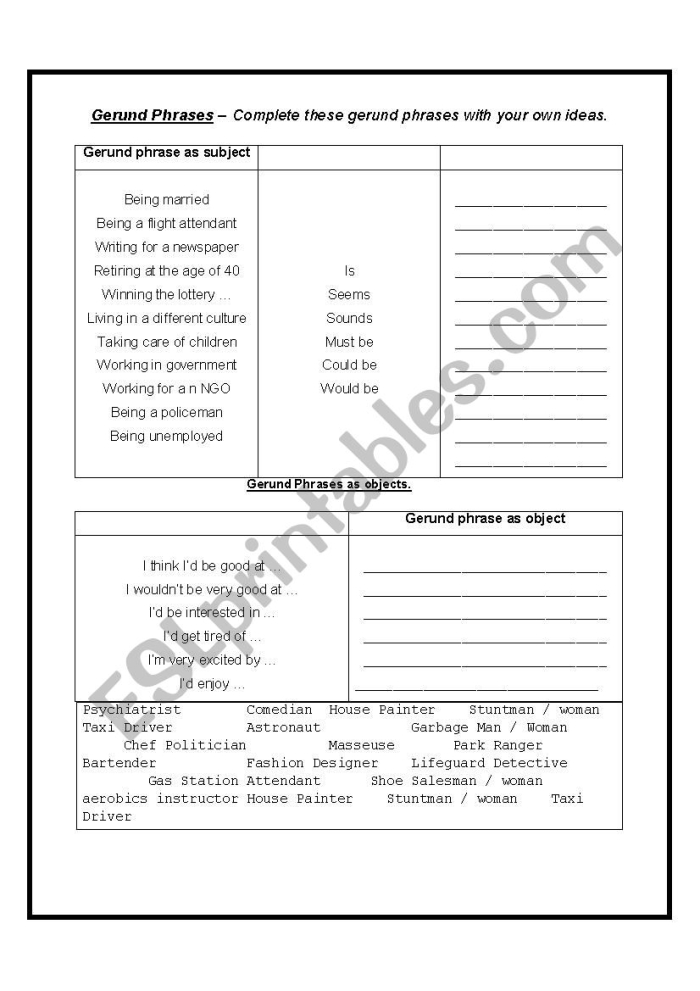 Worksheet for identifying gerunds and gerund phrases aimed at seventh and eighth graders