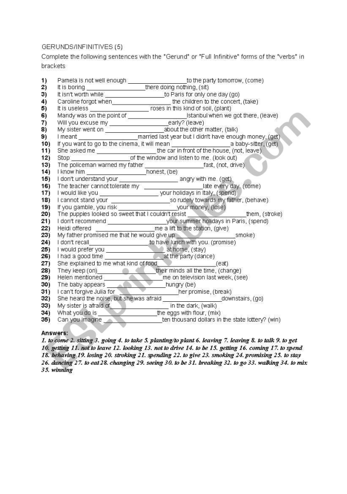 Worksheet for identifying gerunds and gerund phrases suitable for seventh graders