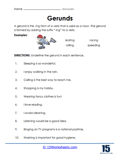 Worksheet for identifying gerunds and gerund phrases aimed at seventh and eighth graders