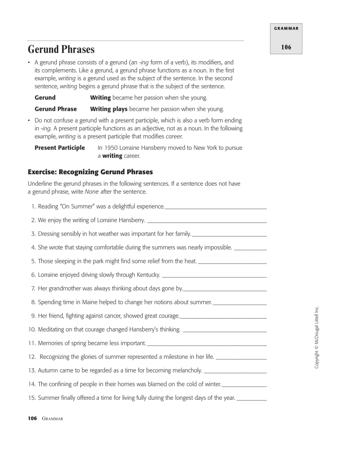 Worksheet for identifying gerunds and gerund phrases for seventh graders