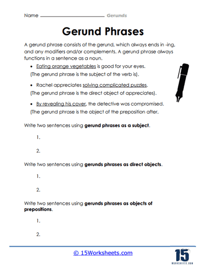Worksheet for identifying gerunds and gerund phrases for seventh and eighth graders