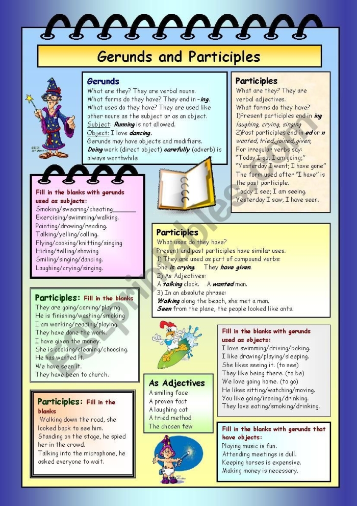 Worksheet for identifying gerunds and gerund phrases in grammar for seventh graders