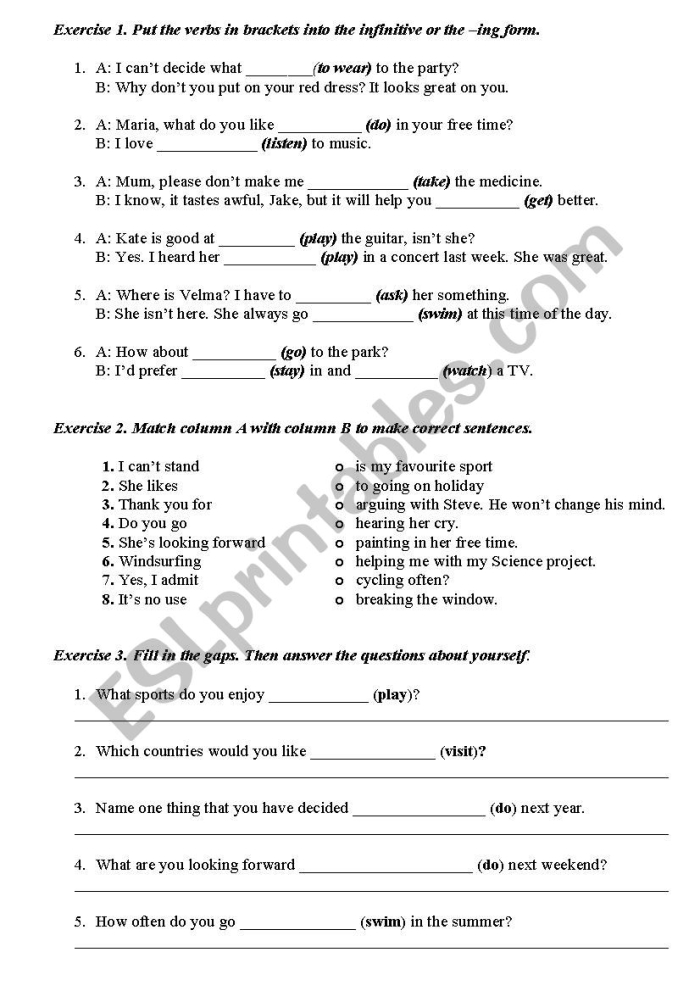 Worksheet for identifying gerunds and gerund phrases aimed at seventh graders